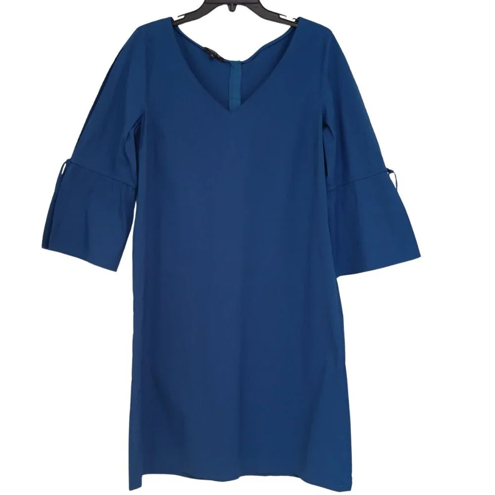 Lafayette 148 Cotton Blue Ponte Flutter Holly Bell Sleeve Shift Sheath Dress